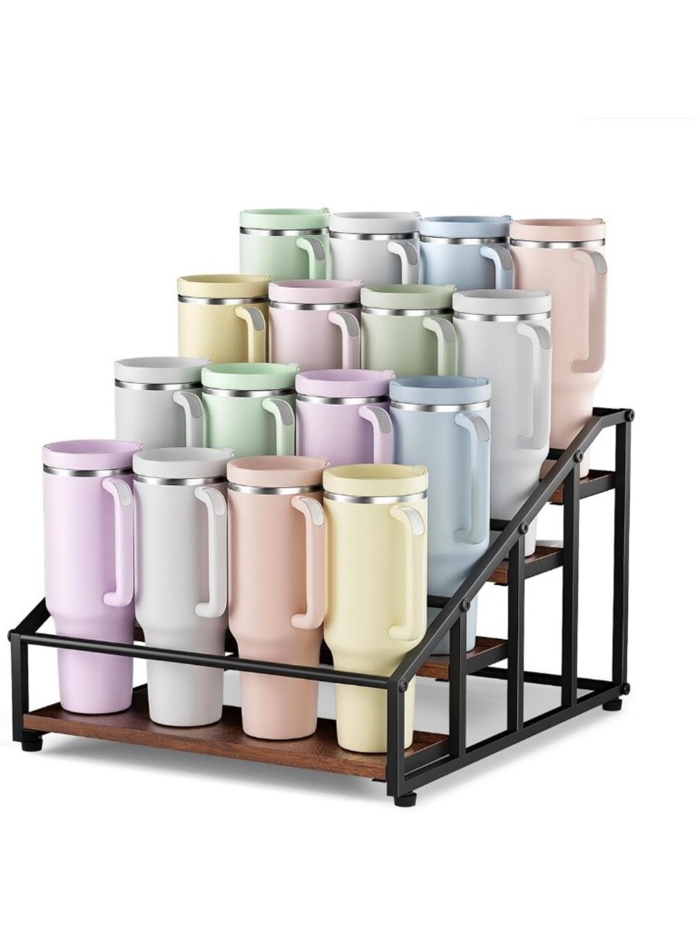 4-Tier Natural Wood Cup Organizer for 16 Tumblers, Stylish Storage Solution